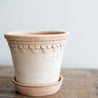 Rosa Keramik Ton Blumentopf mit Untersetzer. Kopenhagener Topf, der auch als Schlosstopf von Bergs bekannt ist, hergestellt von Bergs Potter.